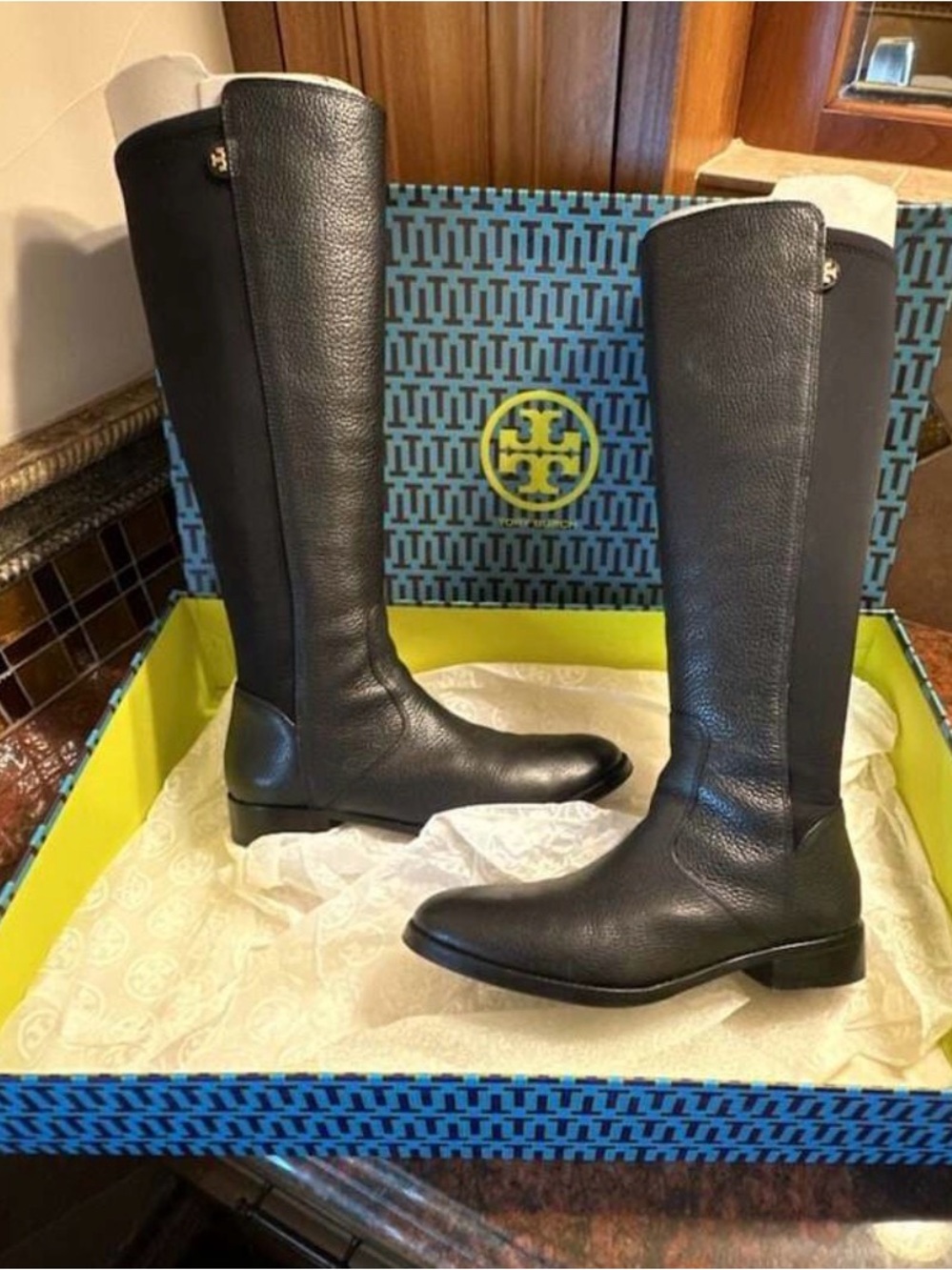 Tory Burch Selden Stretch Tall Riding Boots Black Leather
